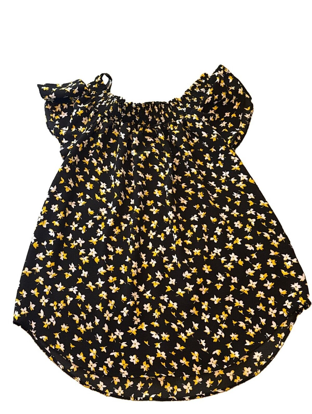 Michael Kors Printed Off-The-Shoulder Smocked Short Sleeve Top Yellow Sz XS EUC